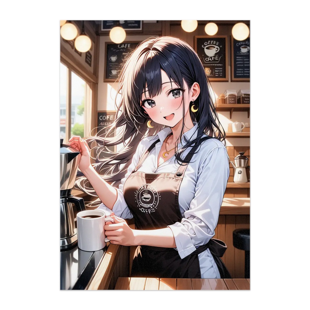 癒しのカフェガール☕ 黒髪美少女×コーヒー｜カフェ風アニメアートポスタ－