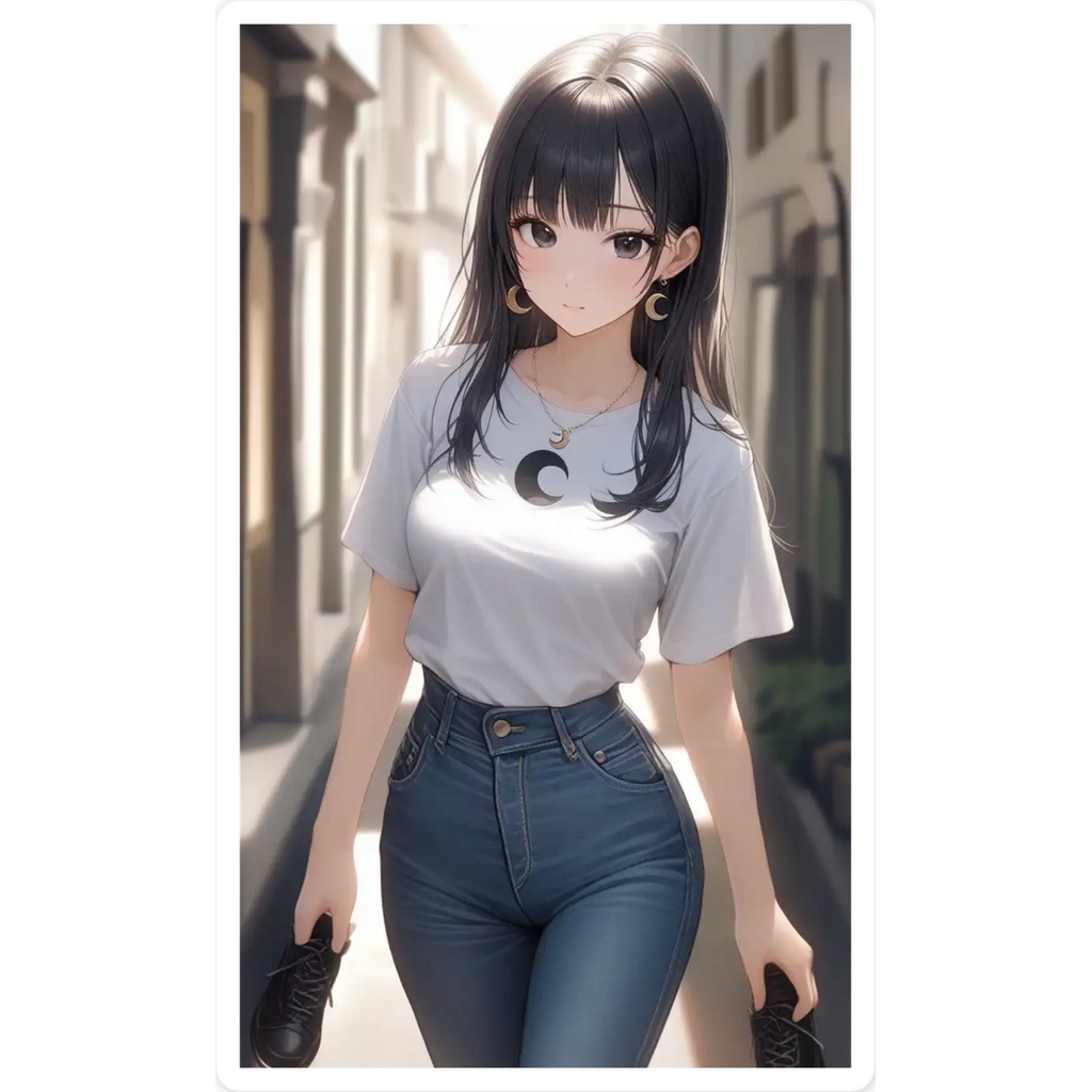 月夜の彼女|三日月モチーフ×白Tシャツ 美少女イラスト・オリジナルAIアート/スマホステッカ-