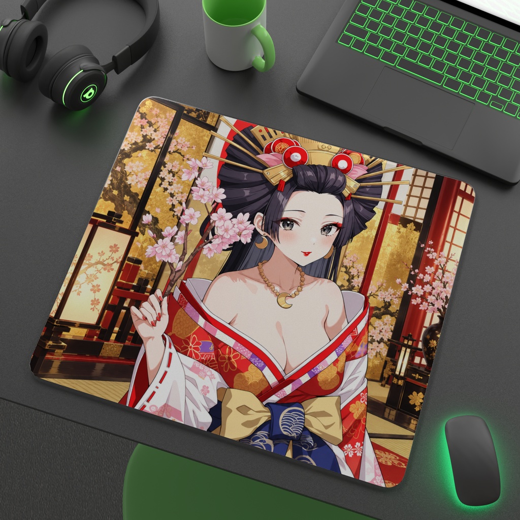 【豪華絢爛】桜花魁 美少女イラスト｜和風・金屏風・着物・高画質アート/ガラスマウスパッド