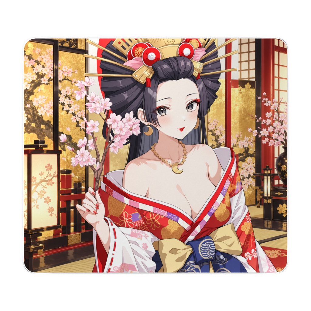 【豪華絢爛】桜花魁 美少女イラスト|和風・金屏風・着物・高画質アート/ガラスマウスパッド