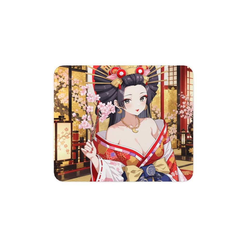 【豪華絢爛】桜花魁 美少女イラスト|和風・金屏風・着物・高画質アート/ガラスマウスパッド