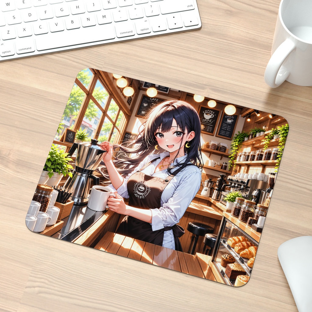 【カフェ美少女】癒しのコーヒータイム☕️ アニメイラスト 高画質アート/マウスパッド