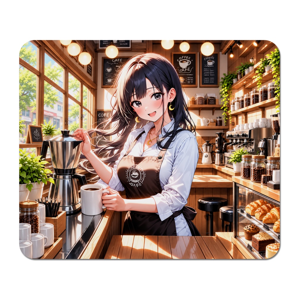 【カフェ美少女】癒しのコーヒータイム☕️ アニメイラスト 高画質アート/マウスパッド