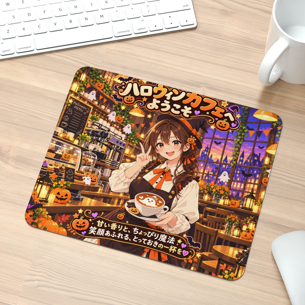 ハロウィンカフェへようこそ 魔女っ子 イラスト マウスパッド