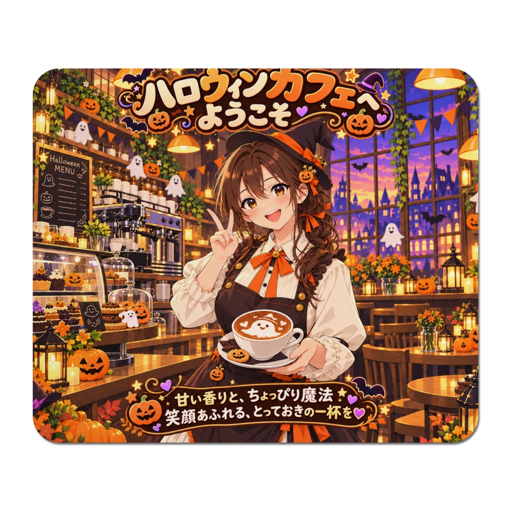 ハロウィンカフェへようこそ 魔女っ子 イラスト マウスパッド