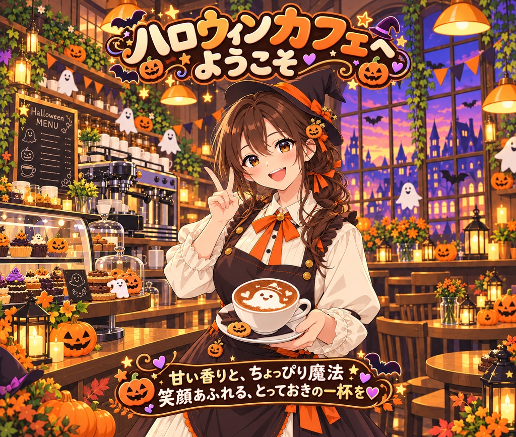 ハロウィンカフェへようこそ 魔女っ子 イラスト マウスパッド