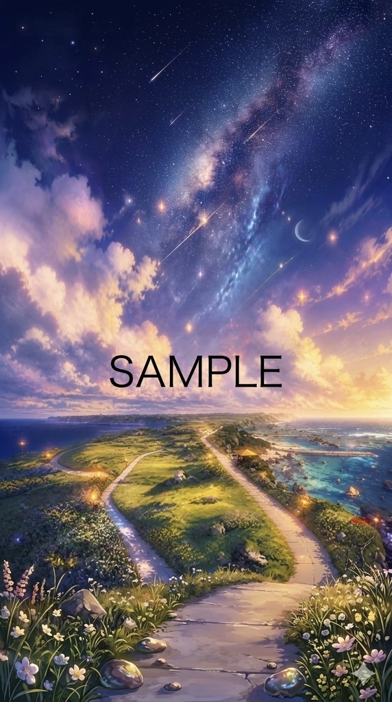 【スマホ壁紙】星空と海が織りなす岬の夕暮れイラスト【スマートフォン・タブレット待ち受け】