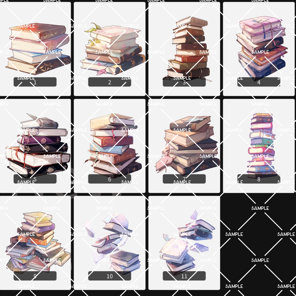 【画像素材】積み上げ本素材11種類-books-