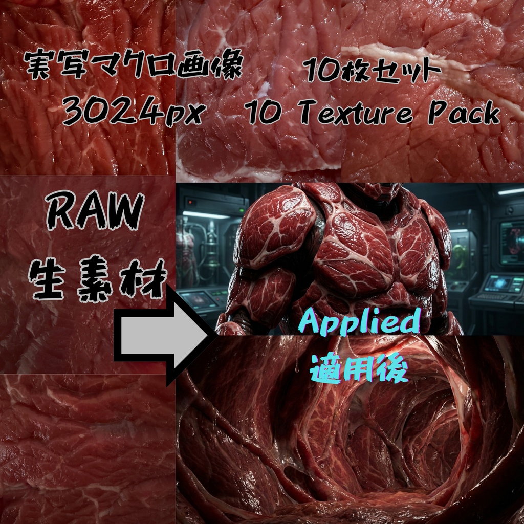 3K Raw Visceral Flesh & Muscle - 10 High-Res Organic Textures / 3K 生々しい筋組織と肉質 - 未加工マクロ素材10点パック