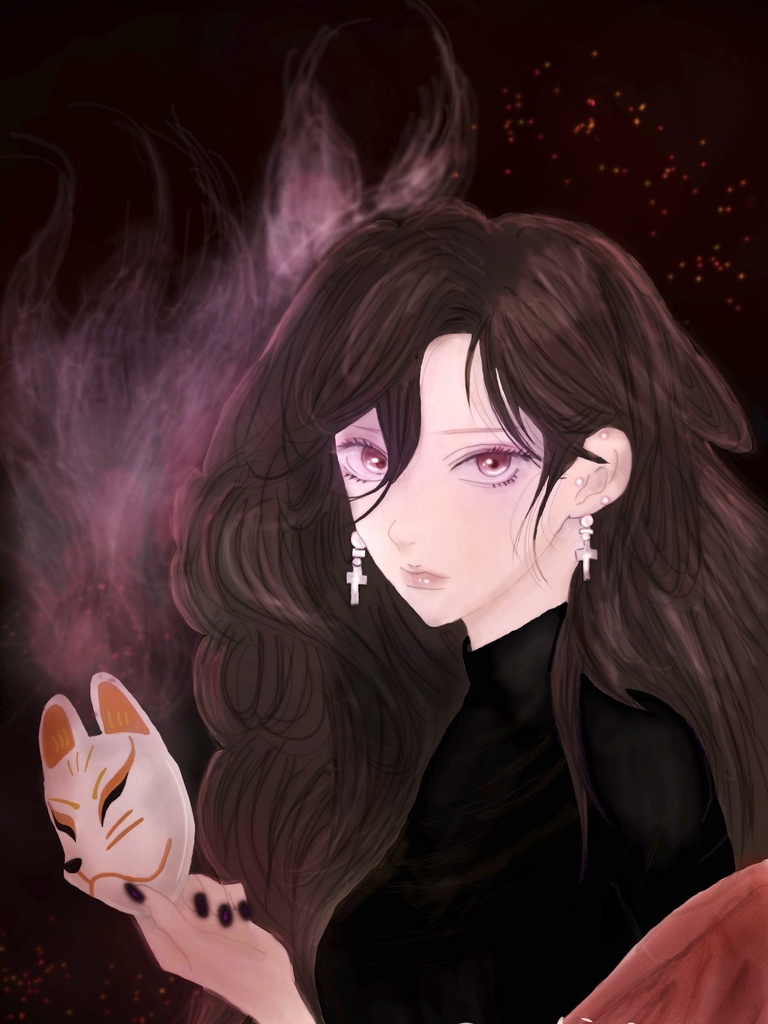 Kitsune_Noir-Veil_of_Ember/和風ダークファンタジー 狐面イラスト/A4サイズ