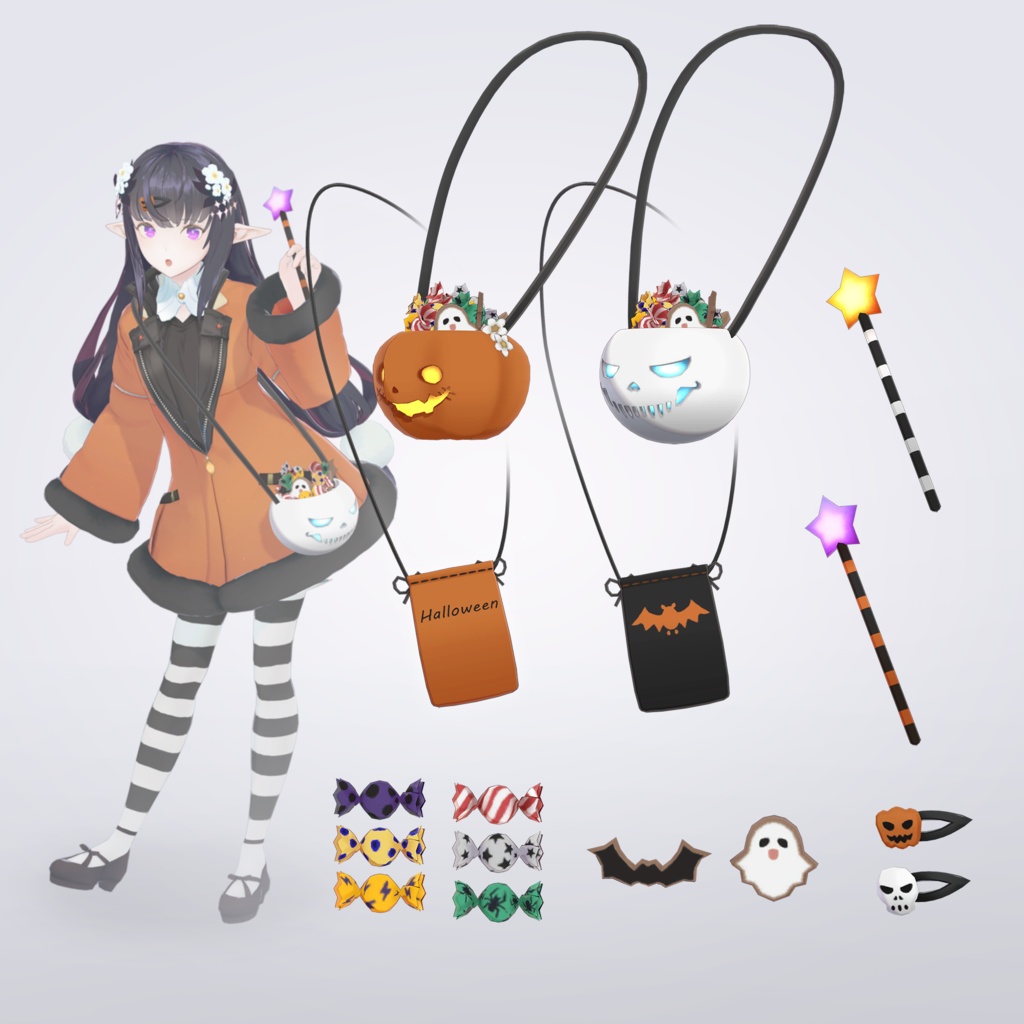 【VRC対応3D雑貨モデル】ハロウィン「カボチャ&髑髏」セット ver4.00