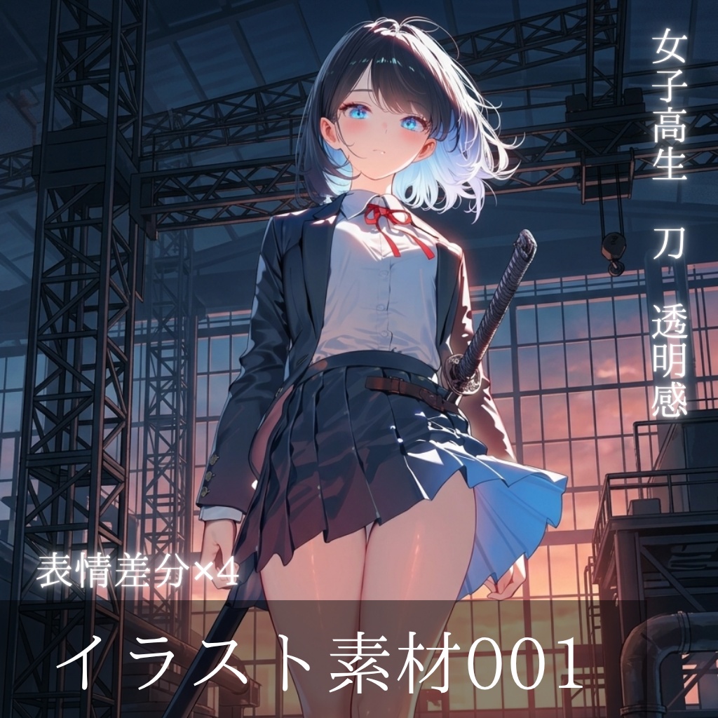 【立ち絵素材】女子高生剣士　(表情✕4種)