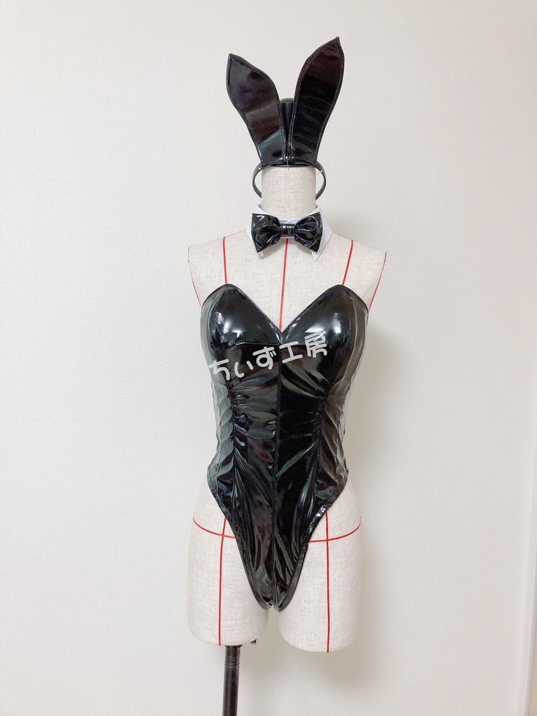 【黒】エナメルバニーガール衣装 Mサイズ(シャツ風前掛け付き)