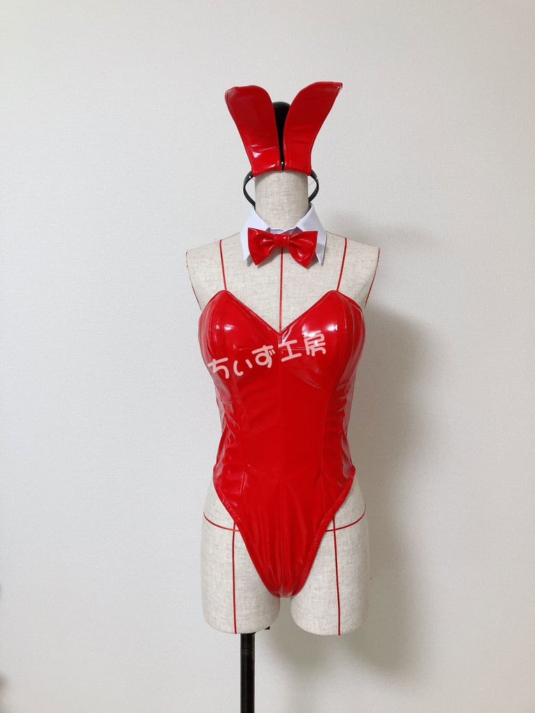 【赤】エナメルバニーガール衣装 Mサイズ(シャツ風前掛け付き)