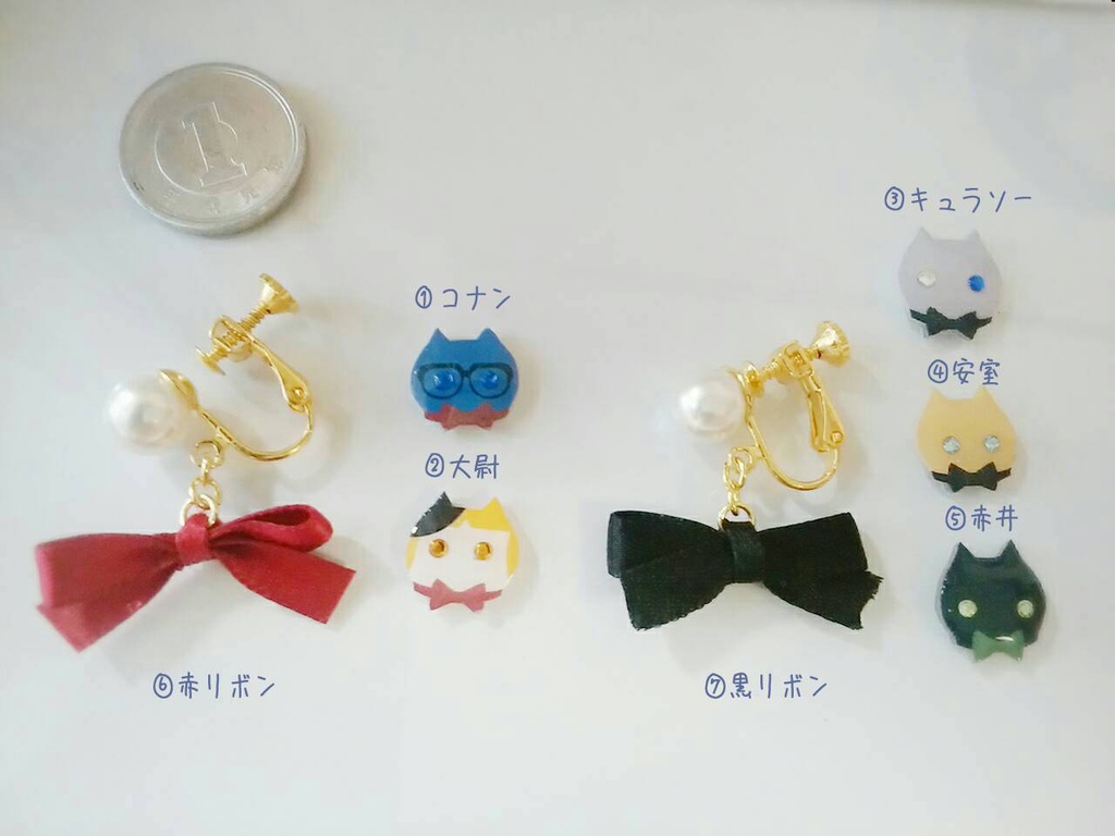 にゃんことリボンのピアス・イヤリング(片耳)