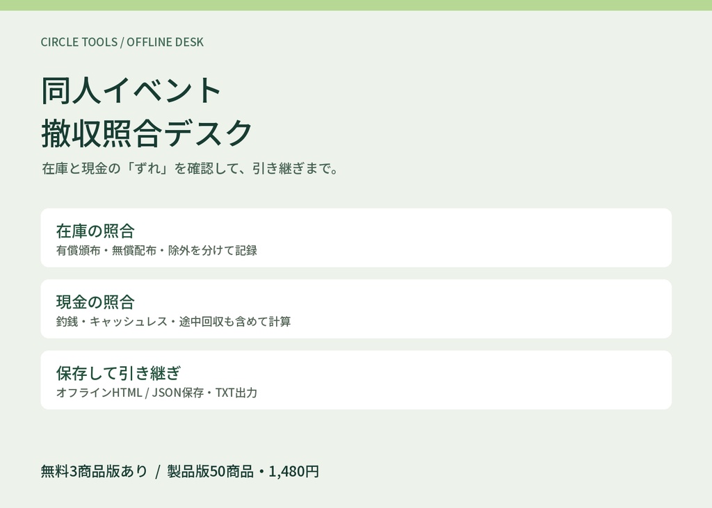 【無料3商品版あり】同人イベント 撤収照合デスク|在庫と現金の差分確認・オフラインHTML