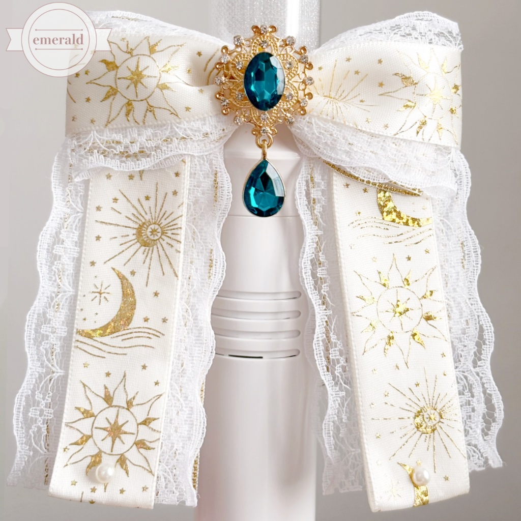 ペンライトリボン ✴︎太陽と月のレースリボン✴︎ 白×金 【ビジューカラー変更可能】