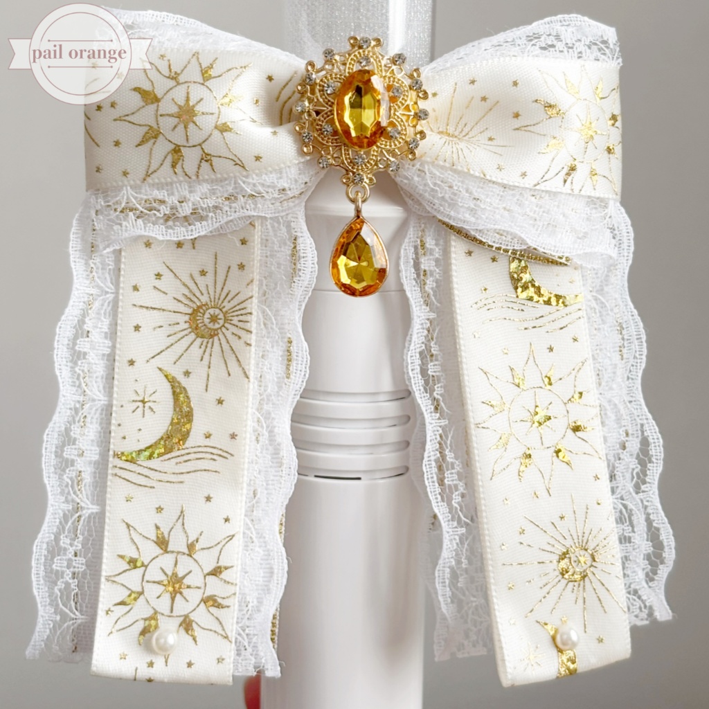 ペンライトリボン ✴︎太陽と月のレースリボン✴︎ 白×金 【ビジューカラー変更可能】