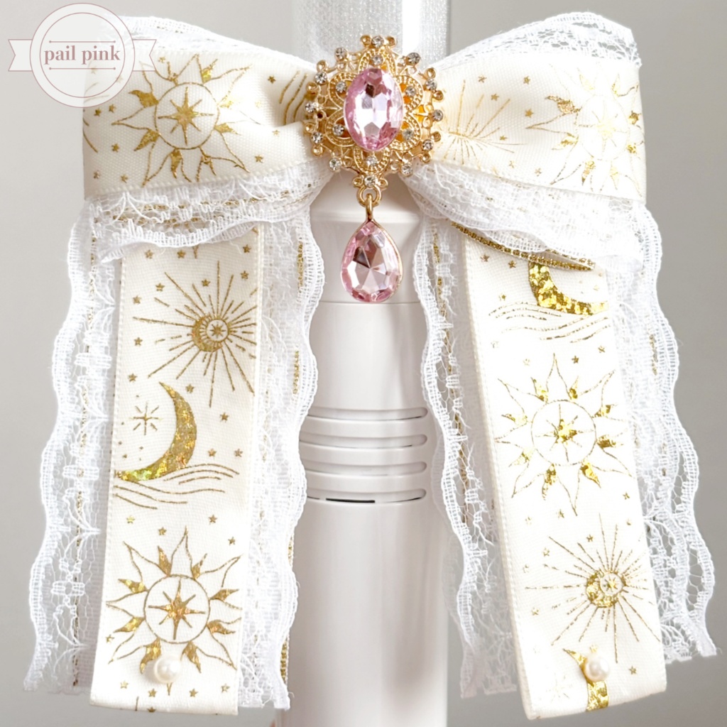 ペンライトリボン ✴︎太陽と月のレースリボン✴︎ 白×金 【ビジューカラー変更可能】