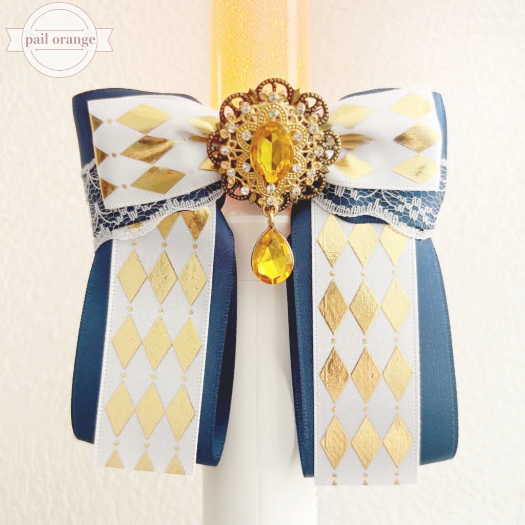 ペンライトリボン ✴︎クラシカルダイヤリボン✴︎ ネイビー×白 【ビジューカラー変更可能】