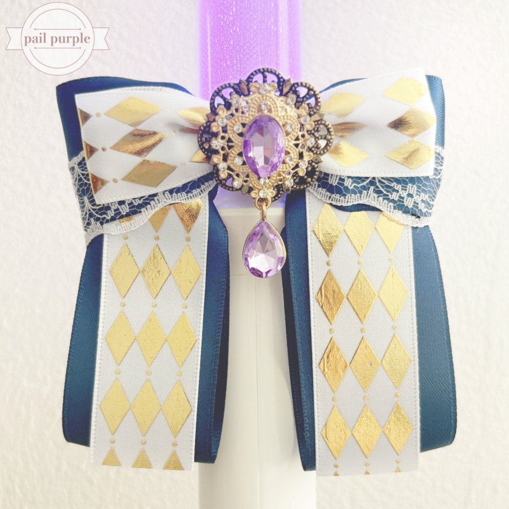 ペンライトリボン ✴︎クラシカルダイヤリボン✴︎ ネイビー×白 【ビジューカラー変更可能】