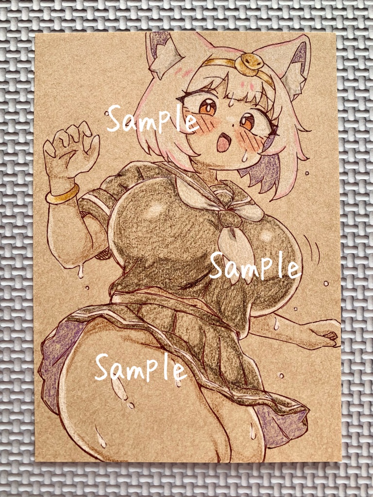 ★SALE★ A6 原画＊オリジナル＊アナログ 直筆イラスト 一点物 ネコミミ 褐色 エジプト セーラー服