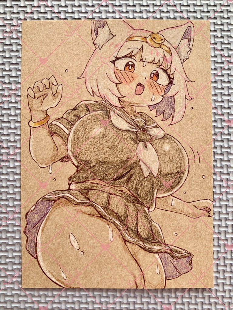 ★2枚セット★ A6 原画*オリジナル*アナログ 直筆イラスト 一点物 ネコミミ 褐色 エジプト セーラー服