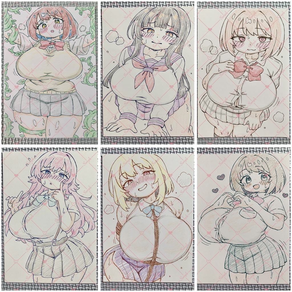 ★6枚セット★ A6 原画＊オリジナル＊アナログ 直筆イラスト 一点物 制服 まとめ