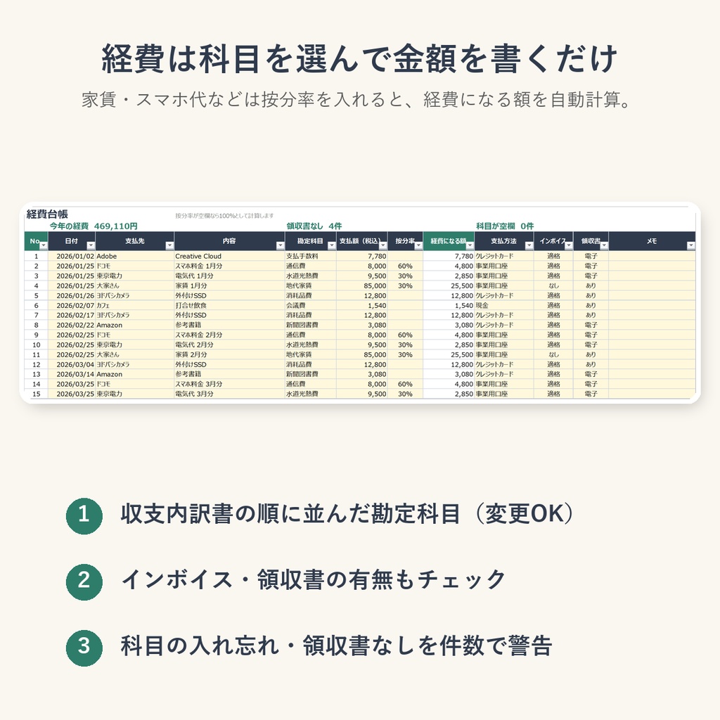 個人事業主・フリーランスの売上・経費管理シート|確定申告の準備に(Excel / Googleスプレッドシート)