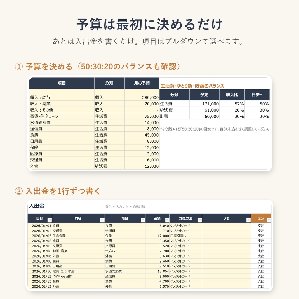 かんたん家計簿(予算と実績)|項目ごとの使いすぎがひと目でわかる・貯蓄率も自動計算(Excel / Googleスプレッドシート)