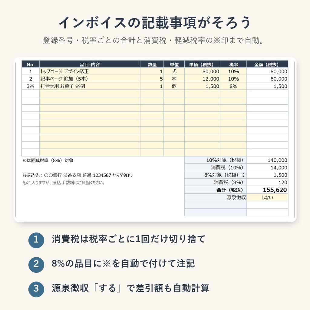 インボイス対応 請求書・見積書・納品書テンプレート|税率ごとの消費税・登録番号・源泉徴収を自動計算(Excel / Googleスプレッドシート)