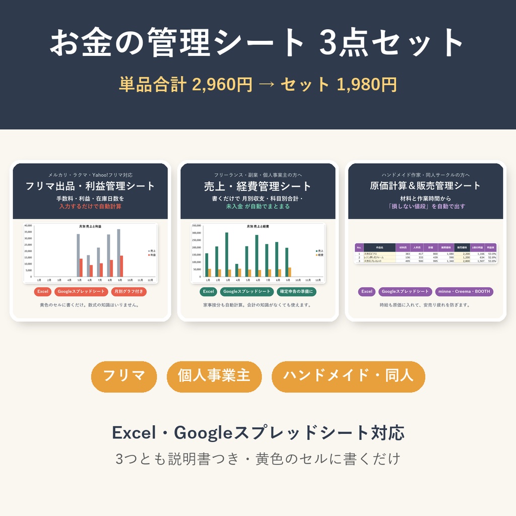 お金の管理シート 3点セット｜フリマ・個人事業主・ハンドメイド（Excel / Googleスプレッドシート）