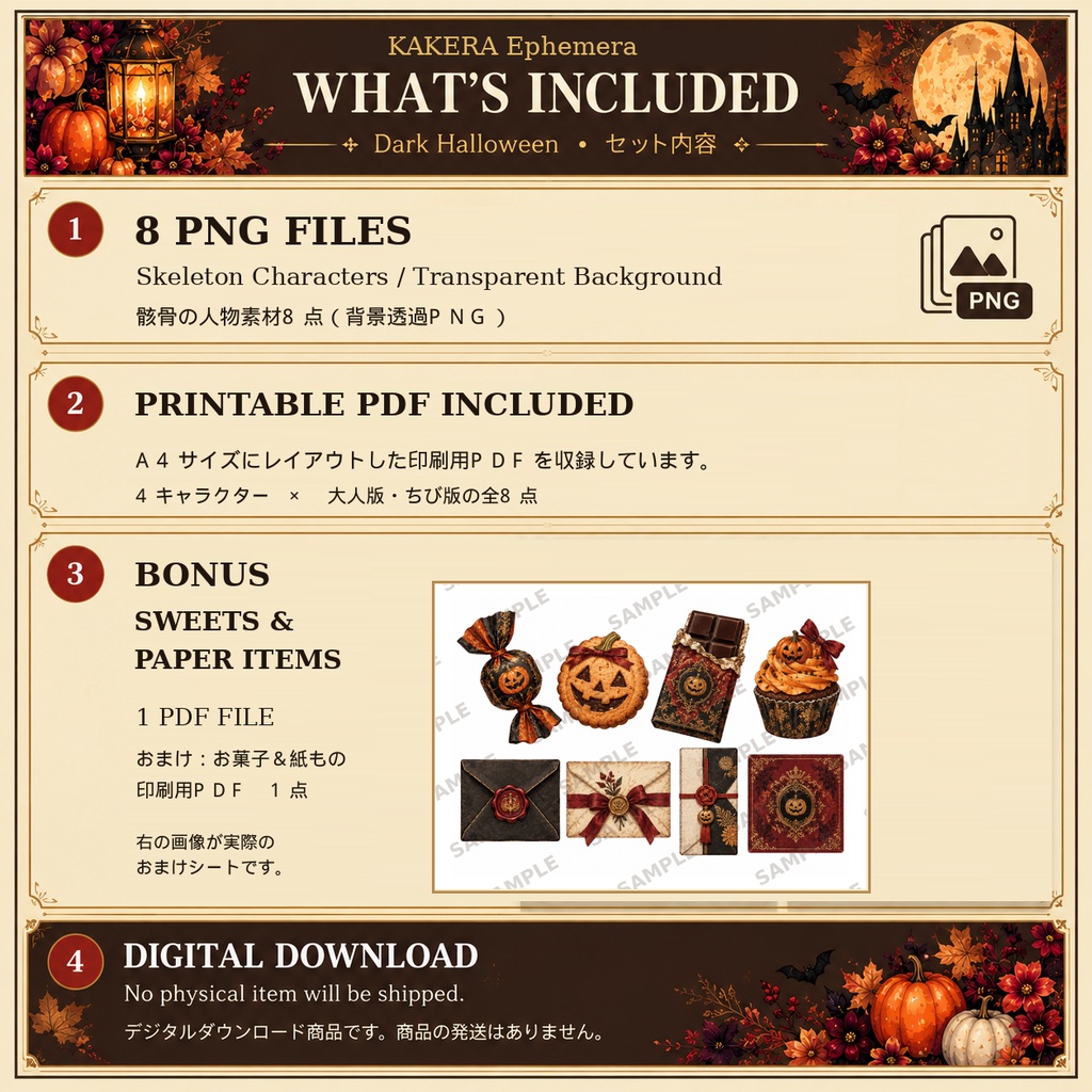 骸骨ハロウィン コラージュ素材セット|和洋折衷・背景透過PNG+印刷用PDF