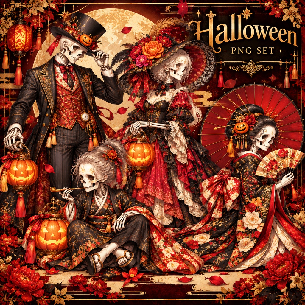 骸骨ハロウィン コラージュ素材セット|和洋折衷・背景透過PNG+印刷用PDF