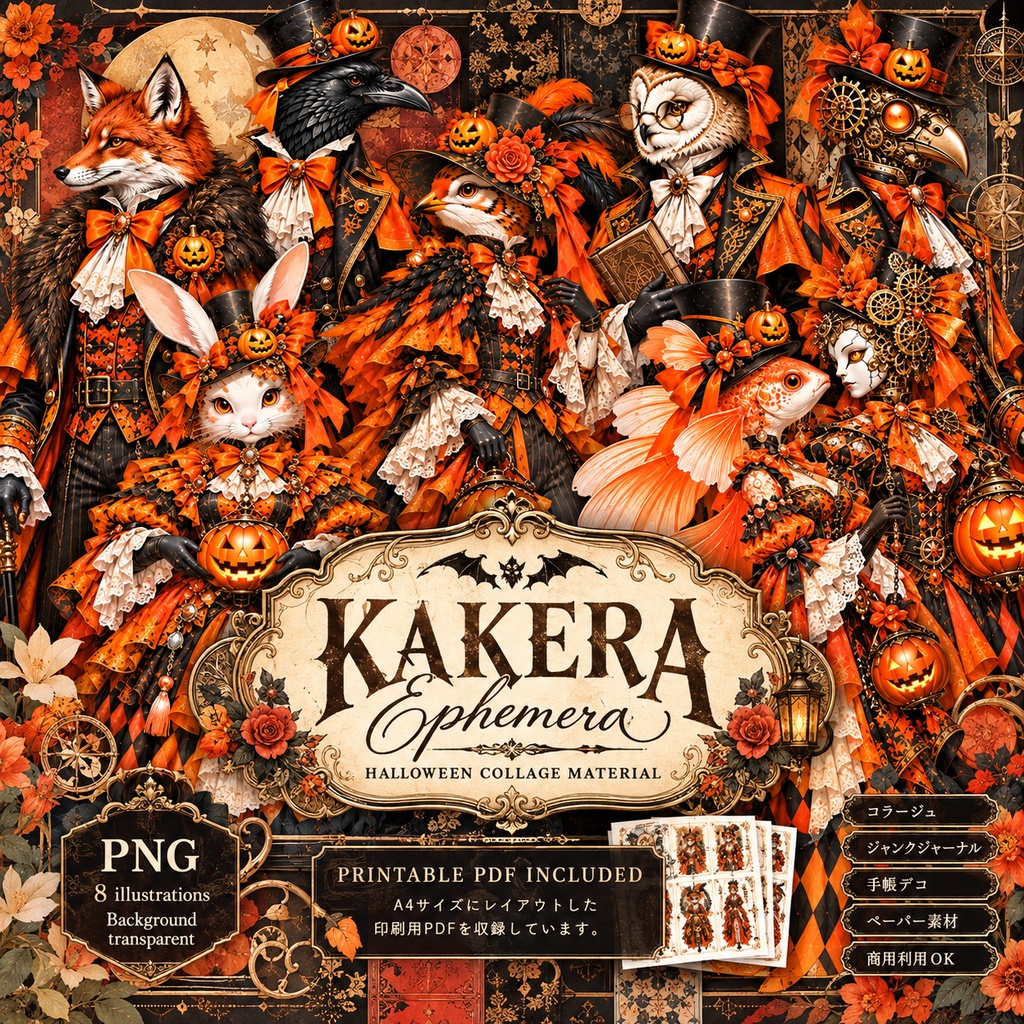 ハロウィン人外さん コラージュ素材セット｜背景透過PNG＋A4印刷用PDF