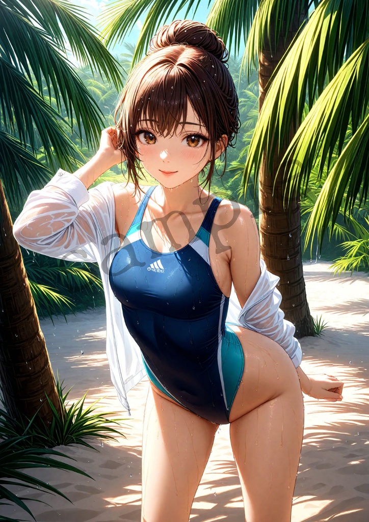 トロピカルビーチと濡れ髪の可愛い女性・競泳スタイル AIアート A4
