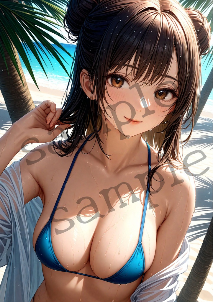 南国ビーチで輝く濡れ髪ビキニ美女 AIアート A4プリント
