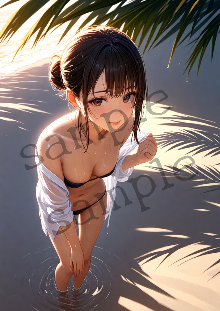 上目遣いで見つめる濡れ肌ビキニ美女・南国の光が映えるAIアート A4