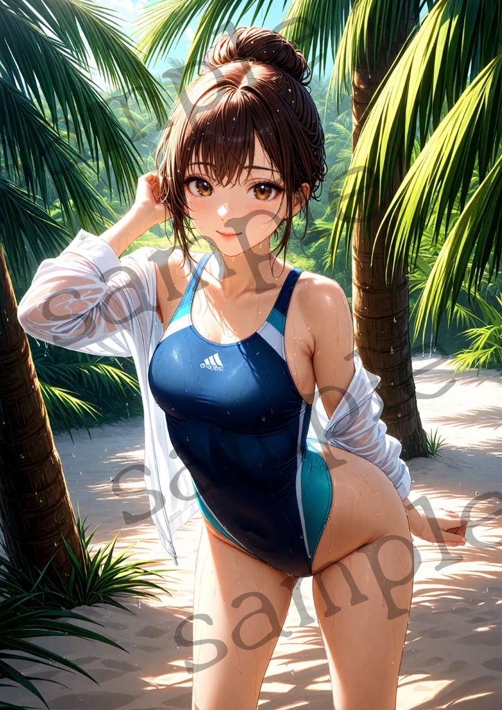 O-032 AI美女・濡れた競泳水着が眩しい南国ビーチショット A4高画質プリント