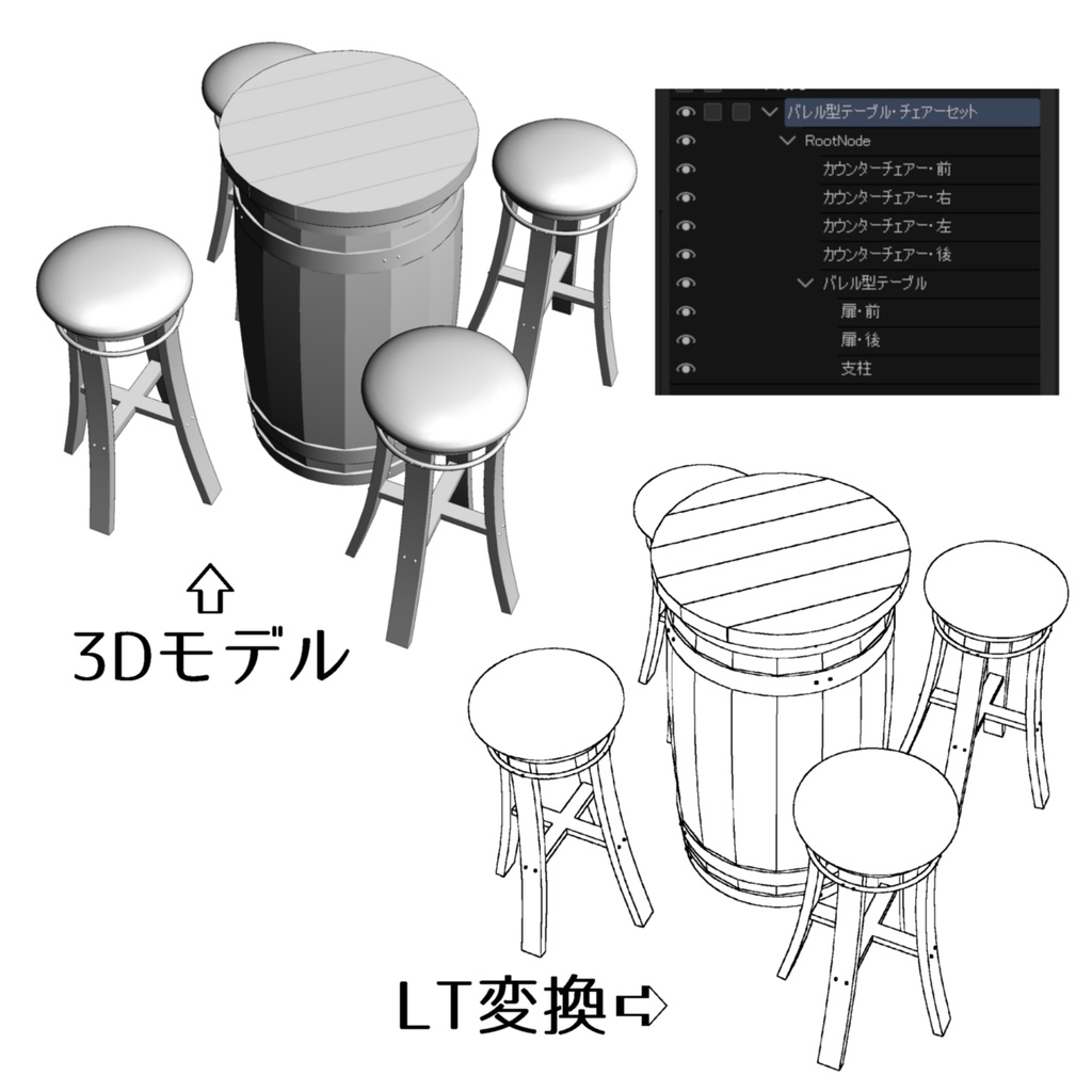 【3D】バレル型テーブル・チェアーセット