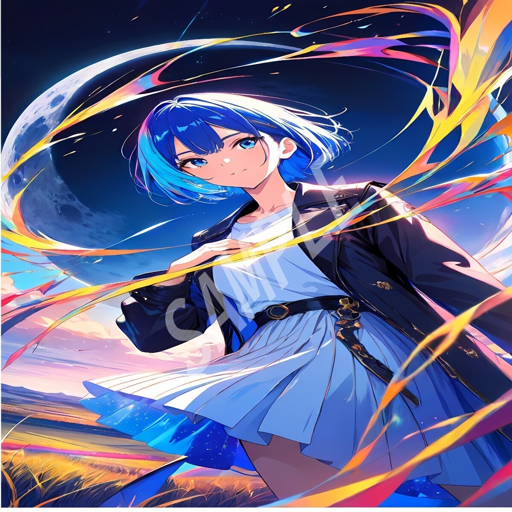 【スマホ壁紙】月と色彩の少女 - オリジナルイラスト