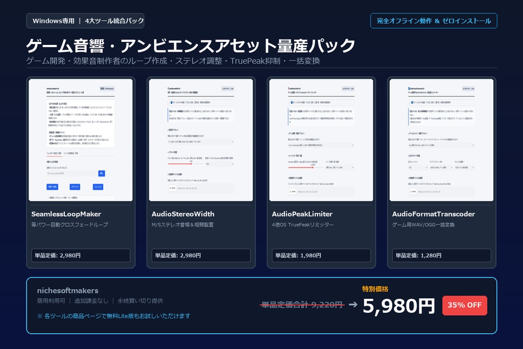 【Windows専用】ゲーム音響・アンビエンスアセット量産パック ｜ ゲーム開発・効果音制作者のループ作成・音圧調整 完全自動化パック