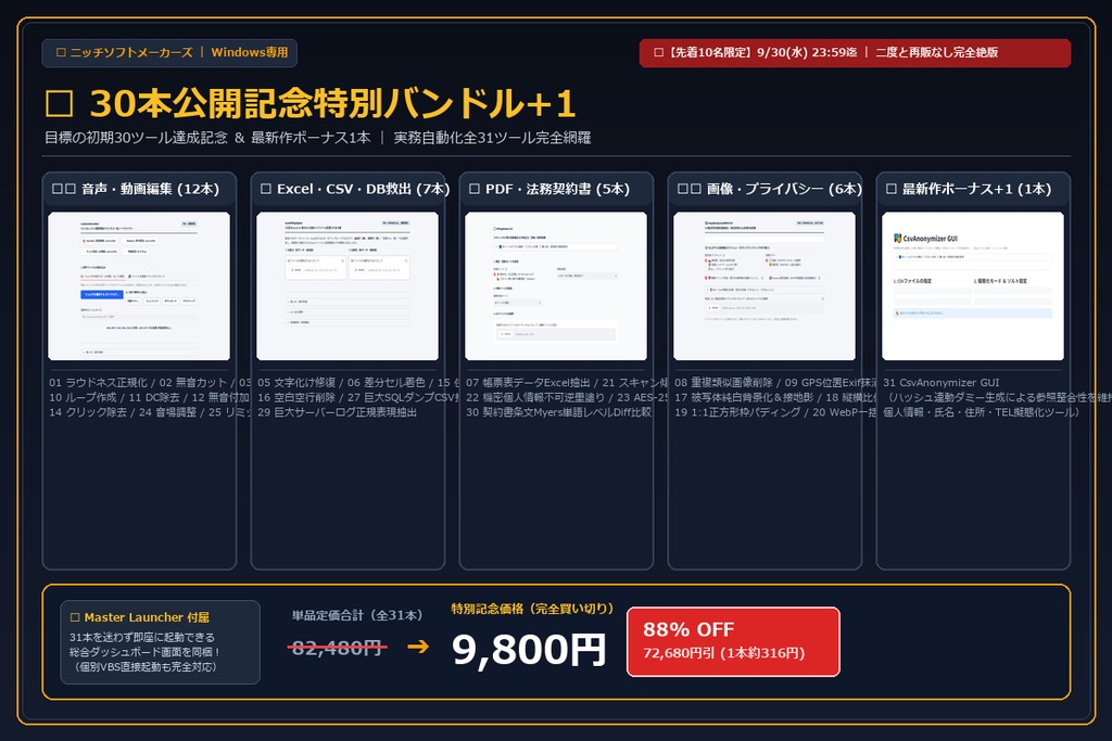 【Windows専用】30本公開記念特別バンドル+1 GUI ｜ 全31ツール完全網羅・限定10名・9/30迄二度と再販なし
