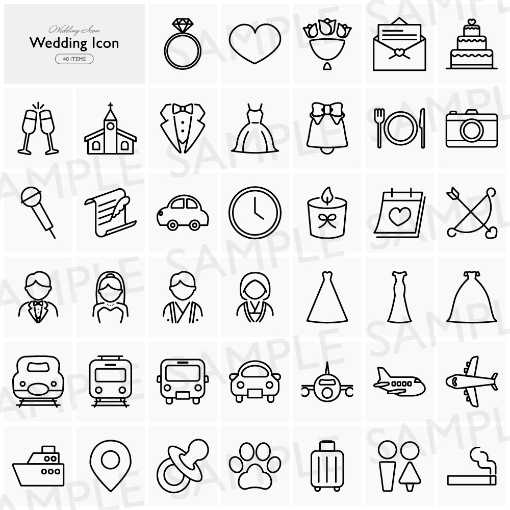 【全40種】結婚式ペーパーアイテム用 シンプルラインアイコンセット(PNG / SVG)|タイムライン・メニュー表・席次表DIY