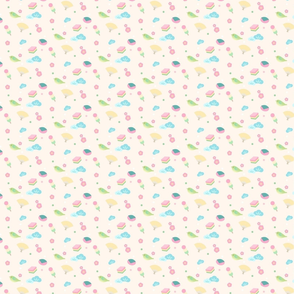 【デジタル素材】お散歩鳥さんと和菓子の和風シームレスパターン（スマホ壁紙・印刷用ラッピングペーパー）