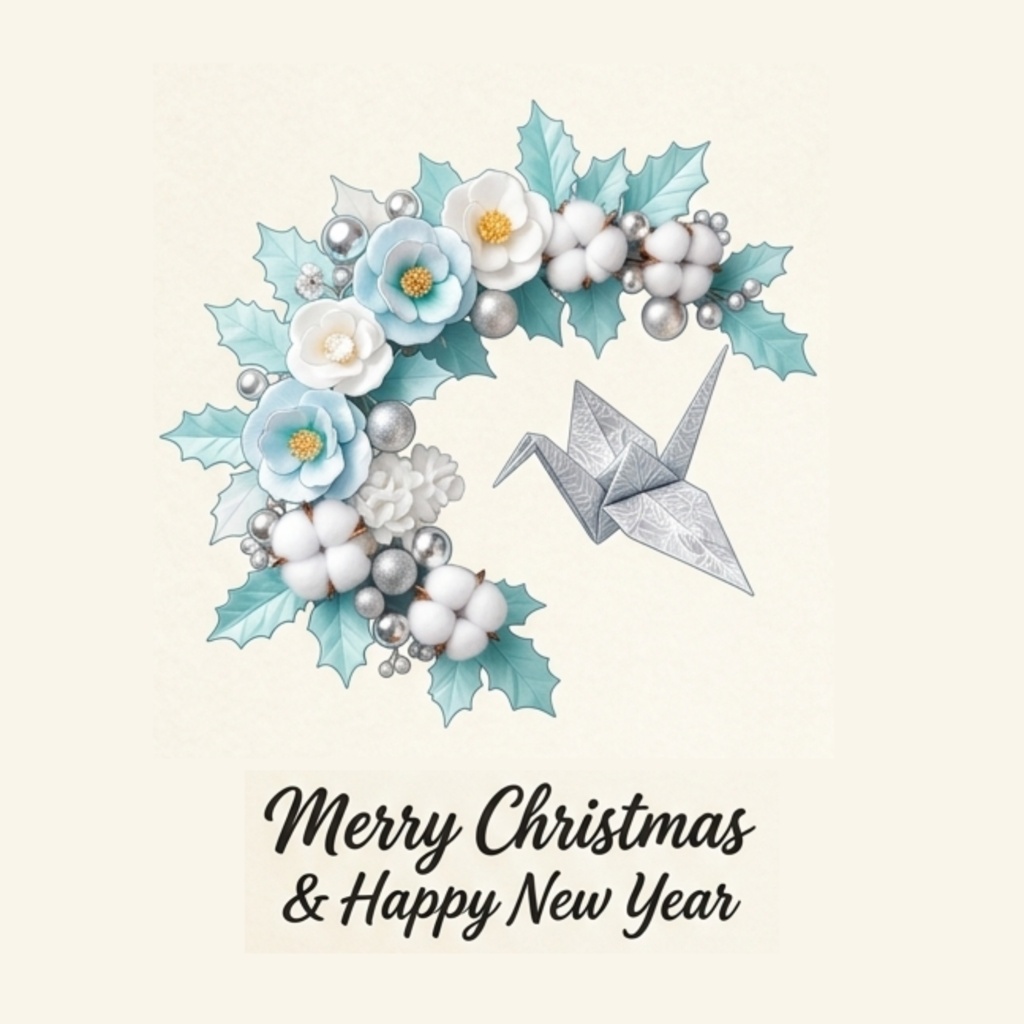 【デジタル素材】Wagara Christmas Wreath 折り鶴と淡いブルーの冬椿