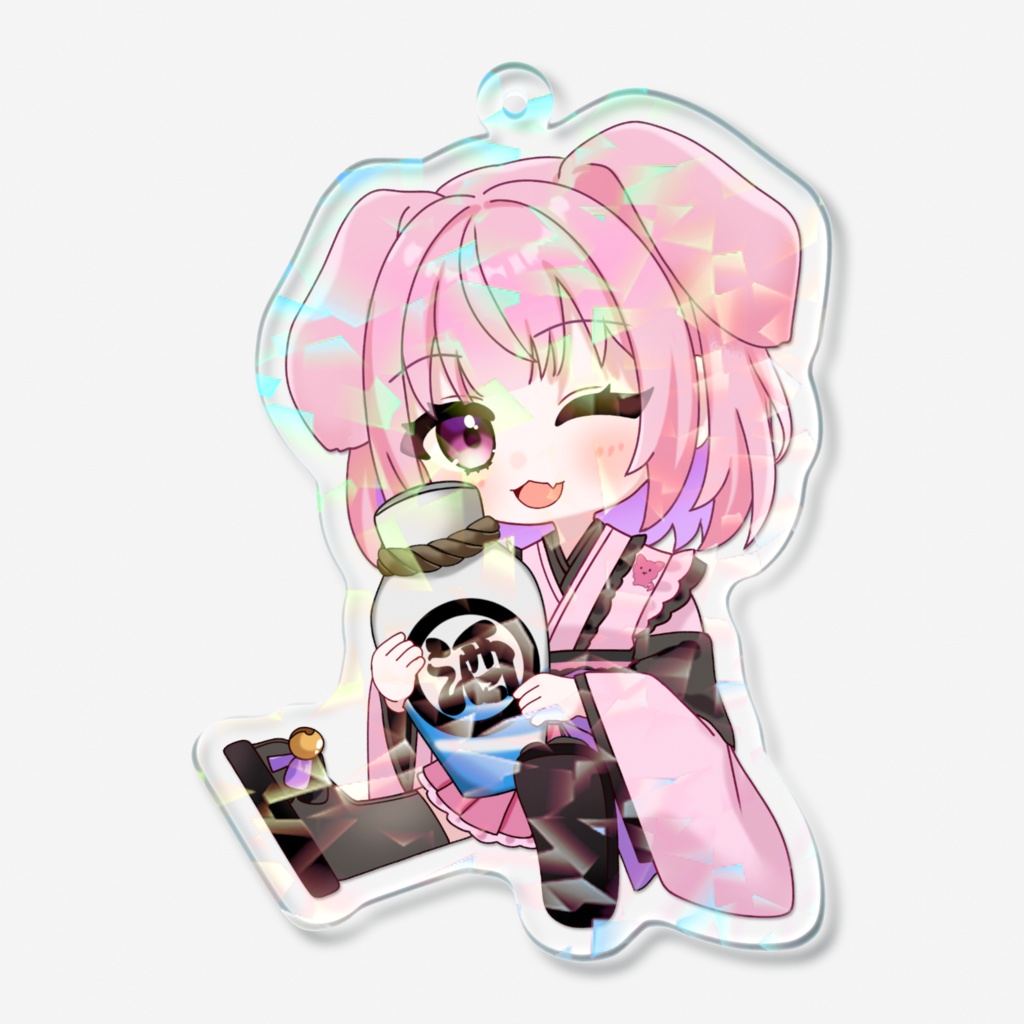 お酒好きのバケ犬らしくお酒を抱き抱えたキーホルダーです