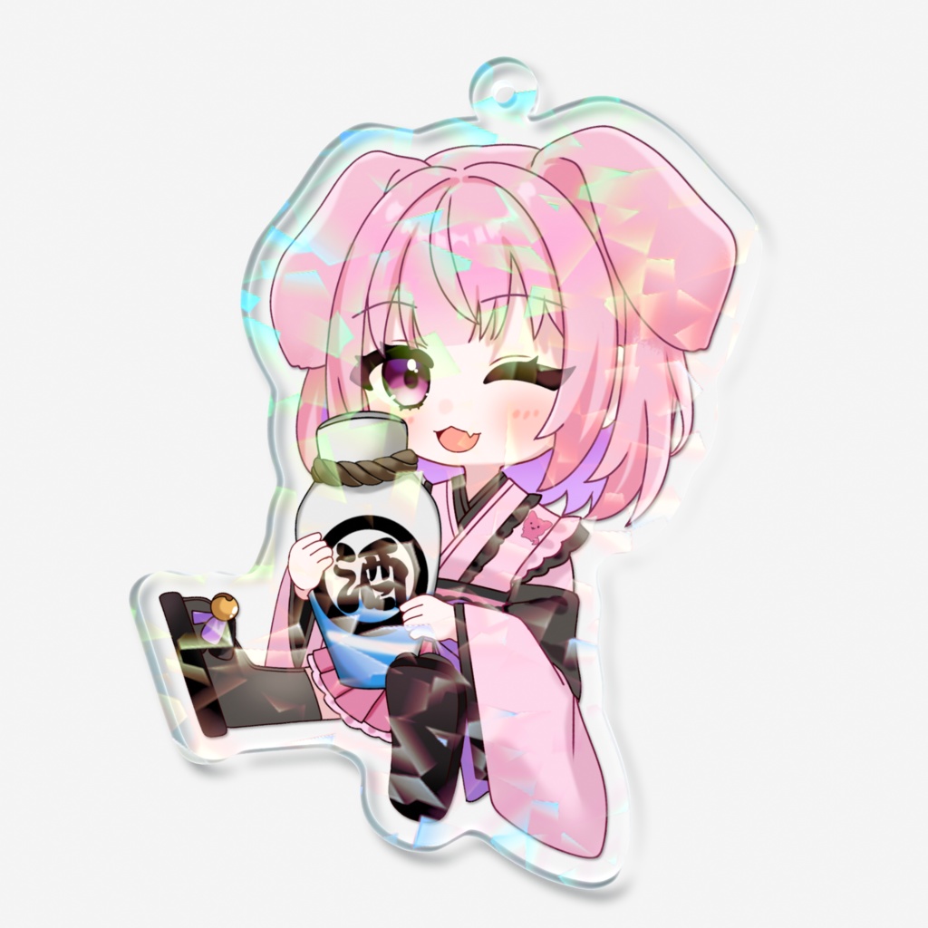 お酒好きのバケ犬らしくお酒を抱き抱えたキーホルダーです