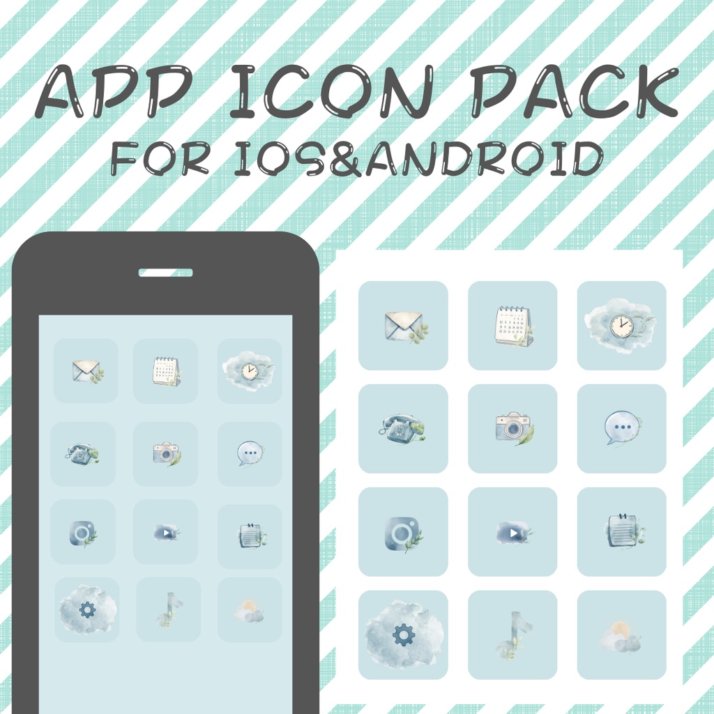 アプリアイコンPACK/IOS＆ANDROID/水彩画風アイコン/くすみブルー