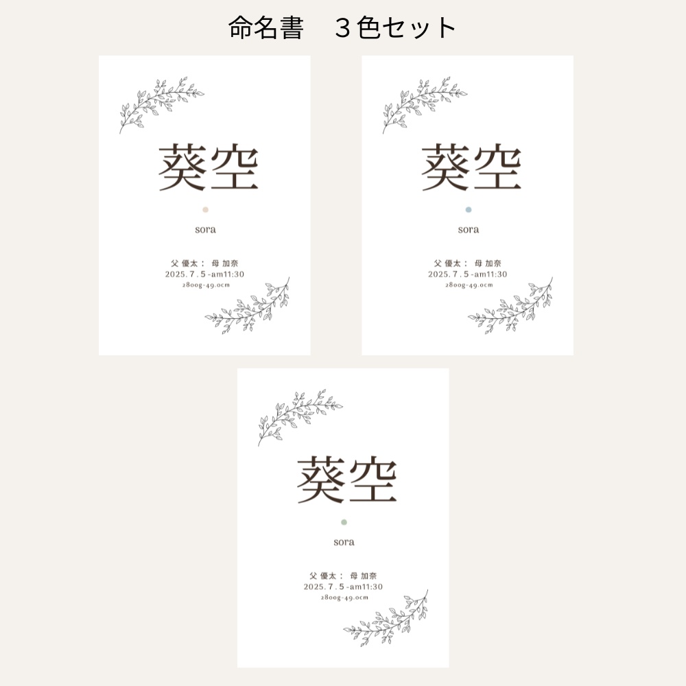 【命名書テンプレート】北欧ナチュラル｜くすみカラー３色セット｜Canva編集｜A4印刷可